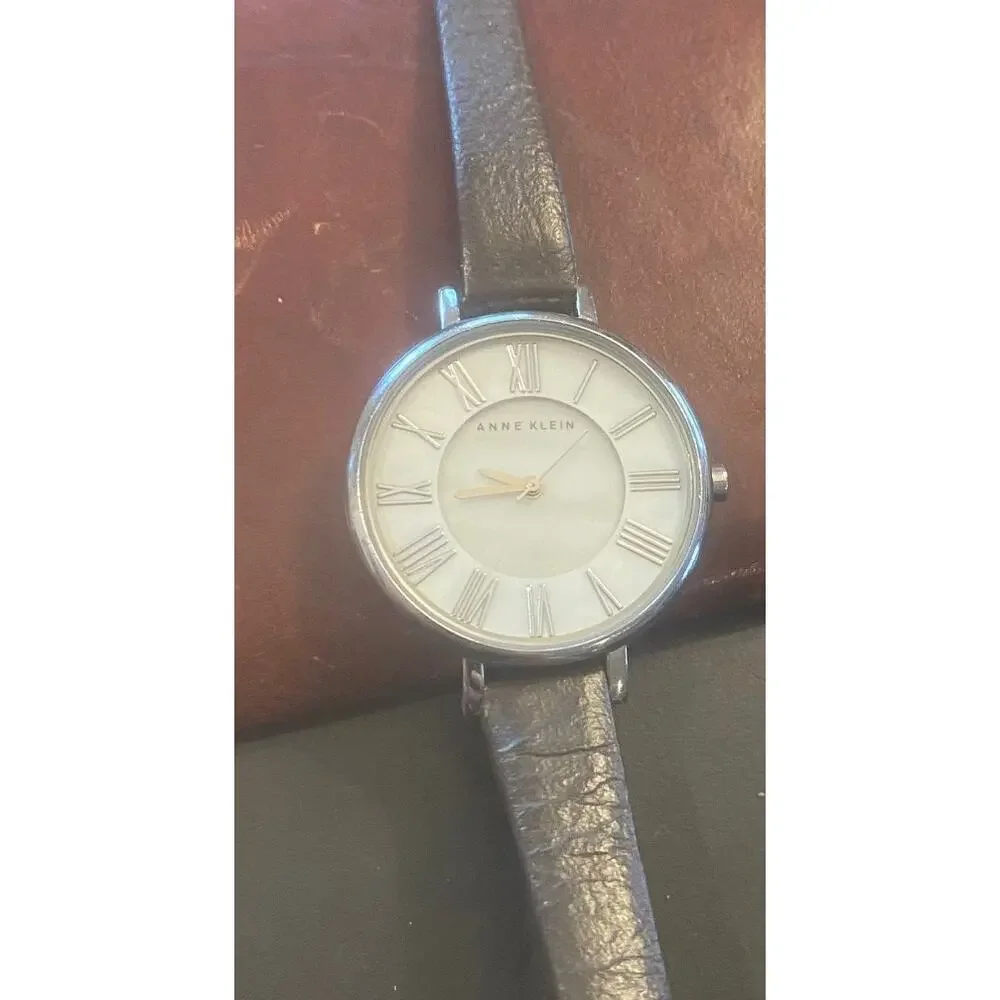 Women's Anne Klein 32mm Watch, Silver Tone Case, Black Band, MOP Face